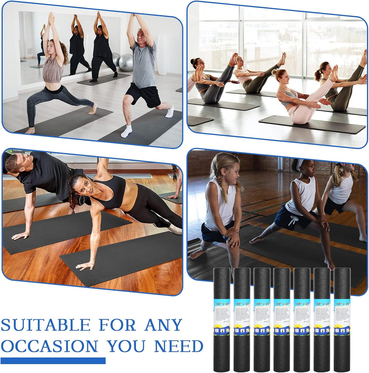 20 Pieces Exercise Yoga Mat Workout Mat with Strap 68 x 24 Inch Fitness Gym Mat Yoga Mat Non Slip for Women Men Gym Home Supplies(Black)