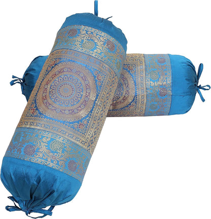 Ethnic Jacquard Brocade Silk Bolster Cushion Covers Cylindrical Hotdog Blue Yoga Massand Living Room Decorative Mandala Traditional Throw Pillowcase 76x38 cm - Set of 2 Pcs