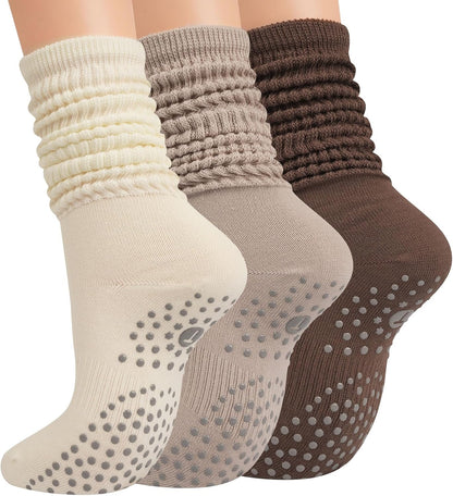 Pilates Socks with Grips for Women, Yoga Barre Slouch Socks 3 Pairs