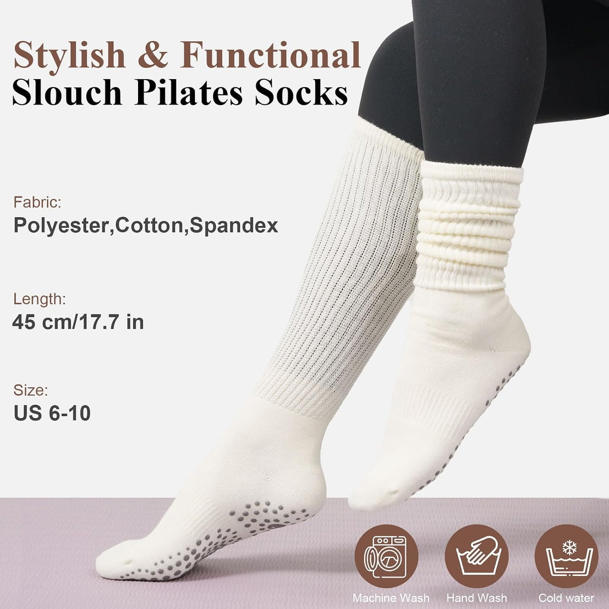 Pilates Socks with Grips for Women, Yoga Barre Slouch Socks 3 Pairs