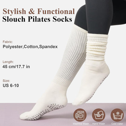 Pilates Socks with Grips for Women, Yoga Barre Slouch Socks 3 Pairs