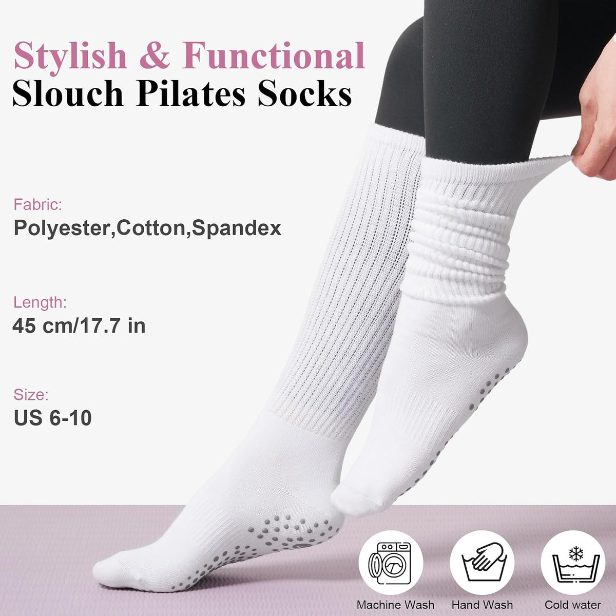 Pilates Socks with Grips for Women, Yoga Barre Slouch Socks 3 Pairs