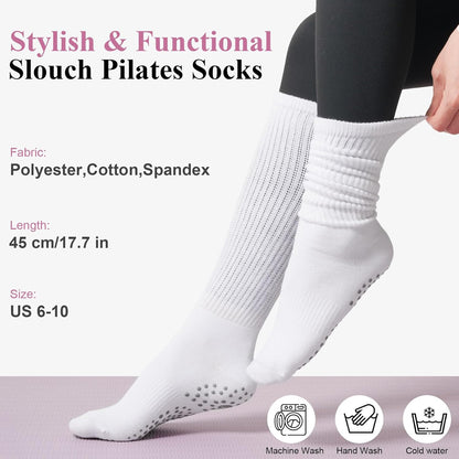 Pilates Socks with Grips for Women, Yoga Barre Slouch Socks 3 Pairs