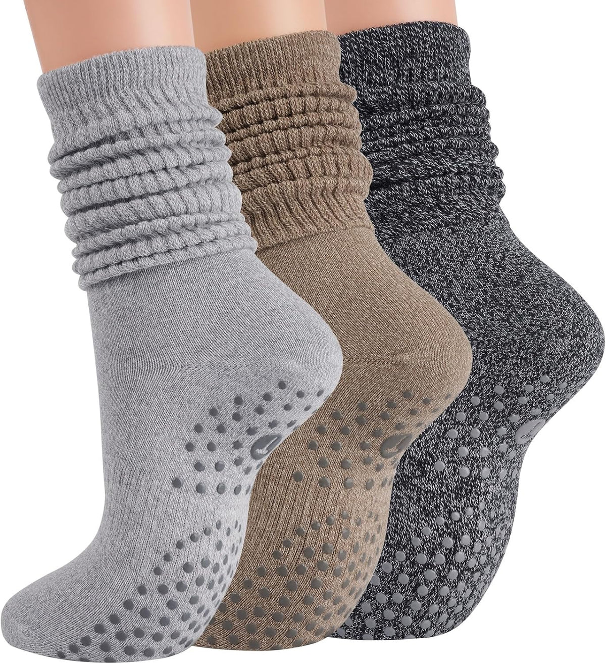 Pilates Socks with Grips for Women, Yoga Barre Slouch Socks 3 Pairs