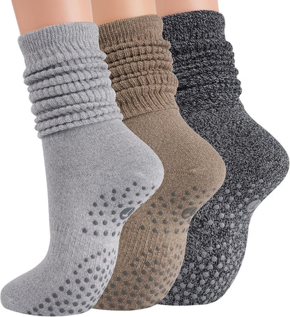 Pilates Socks with Grips for Women, Yoga Barre Slouch Socks 3 Pairs