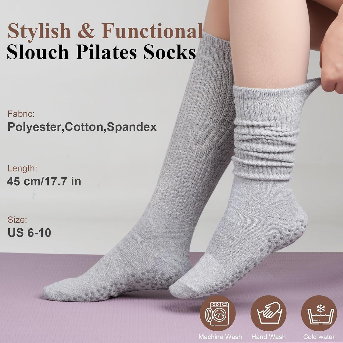Pilates Socks with Grips for Women, Yoga Barre Slouch Socks 3 Pairs