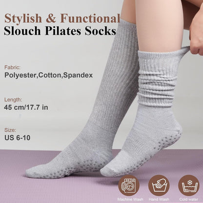 Pilates Socks with Grips for Women, Yoga Barre Slouch Socks 3 Pairs
