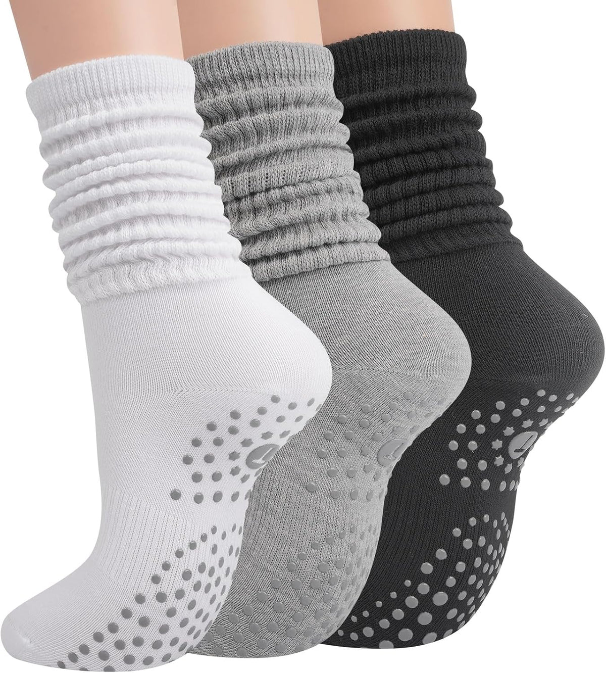 Pilates Socks with Grips for Women, Yoga Barre Slouch Socks 3 Pairs