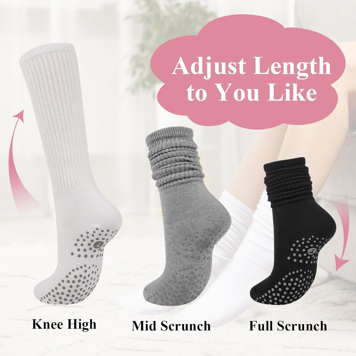 Pilates Socks with Grips for Women, Yoga Barre Slouch Socks 3 Pairs
