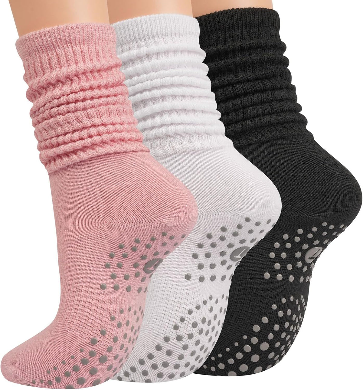 Pilates Socks with Grips for Women, Yoga Barre Slouch Socks 3 Pairs