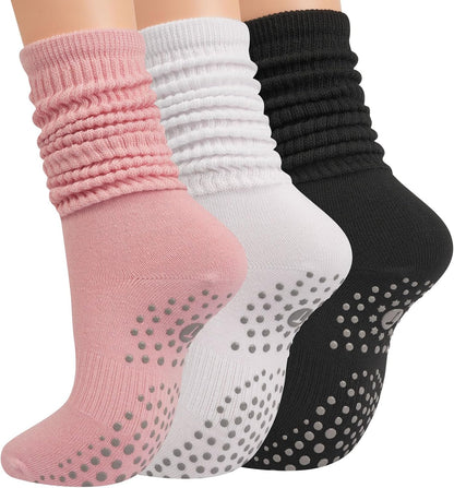 Pilates Socks with Grips for Women, Yoga Barre Slouch Socks 3 Pairs