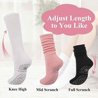 Pilates Socks with Grips for Women, Yoga Barre Slouch Socks 3 Pairs