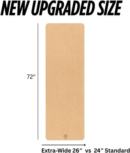 Cork Yoga Mat with Natural Rubber Base, Extra Size, Thickness and Support, Excellent Cushion & Grip, Non-Slip, Non-Toxic, Sweat-Resistant, Sustainable, Eco-friendly Exercise Mat