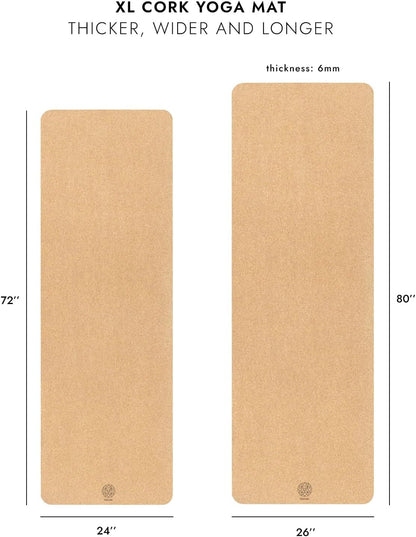 Cork Yoga Mat with Natural Rubber Base, Extra Size, Thickness and Support, Excellent Cushion & Grip, Non-Slip, Non-Toxic, Sweat-Resistant, Sustainable, Eco-friendly Exercise Mat