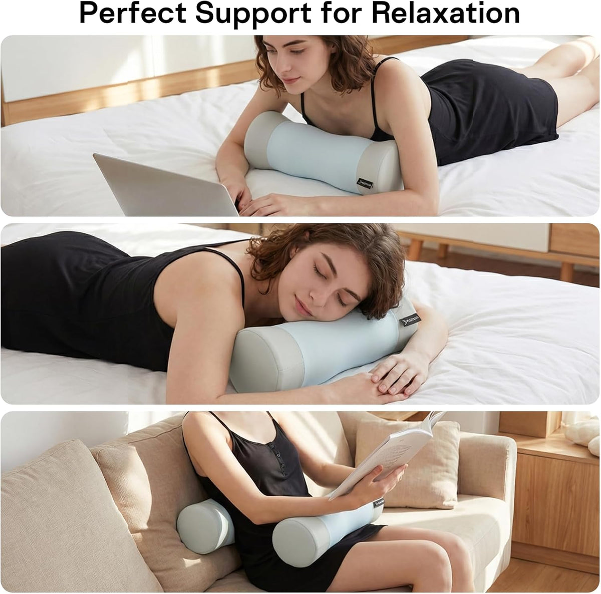 Neck Roll Pillow - Cooling Cover Round Neck Pillow for Sleeping - Memory Foam Cervical Support Pillow - Ergonomic Cylinder Pillows for Neck, Leg, Back, Yoga, Relaxing (Blue Grey)