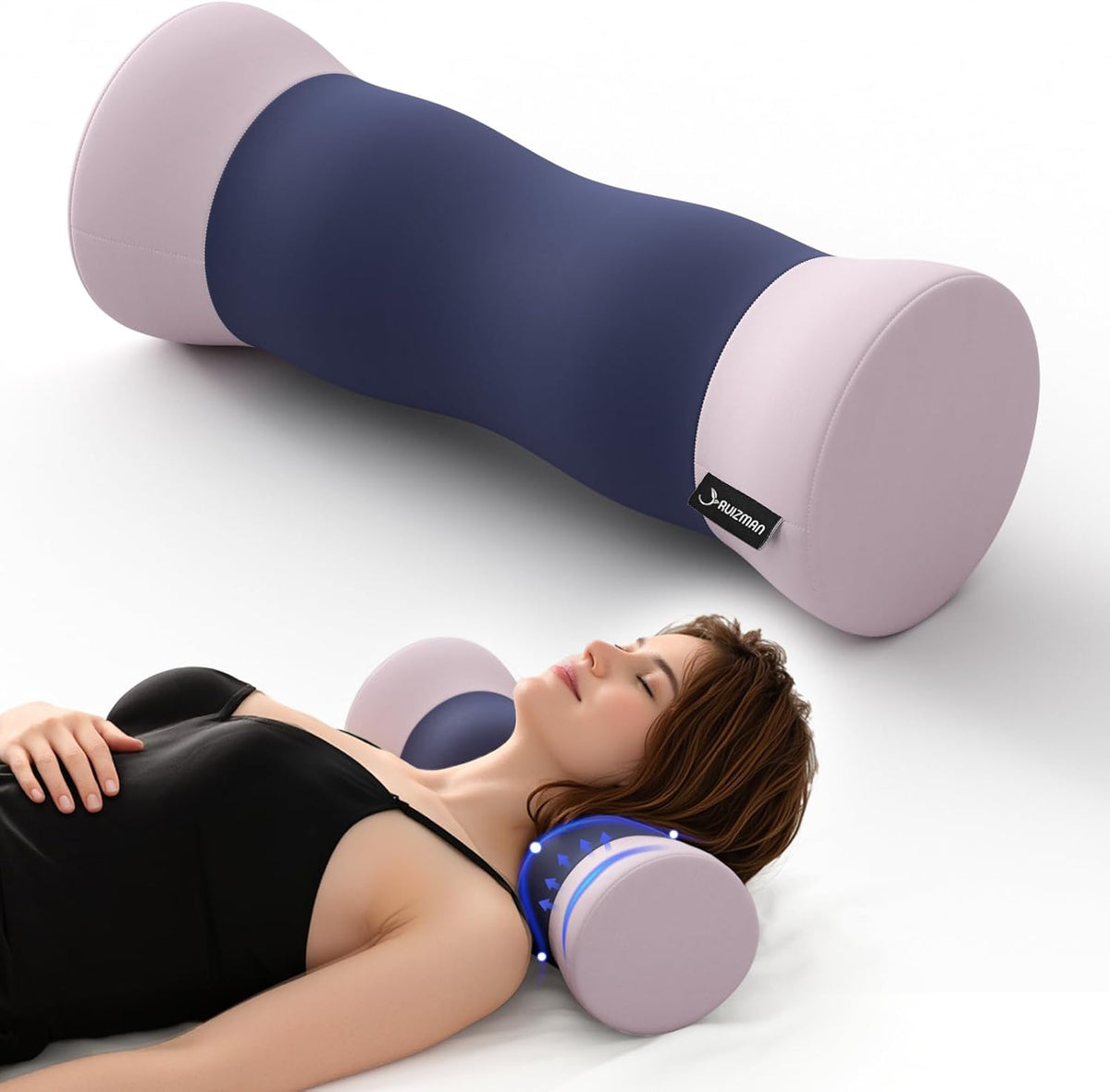 Neck Roll Pillow - Cooling Cover Round Neck Pillow for Sleeping - Memory Foam Cervical Support Pillow - Ergonomic Cylinder Pillows for Neck, Leg, Back, Yoga, Relaxing (Blue Grey)