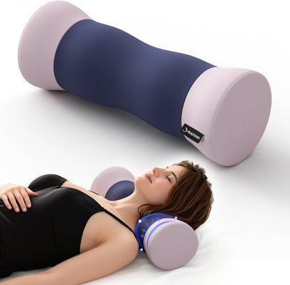 Neck Roll Pillow - Cooling Cover Round Neck Pillow for Sleeping - Memory Foam Cervical Support Pillow - Ergonomic Cylinder Pillows for Neck, Leg, Back, Yoga, Relaxing (Blue Grey)