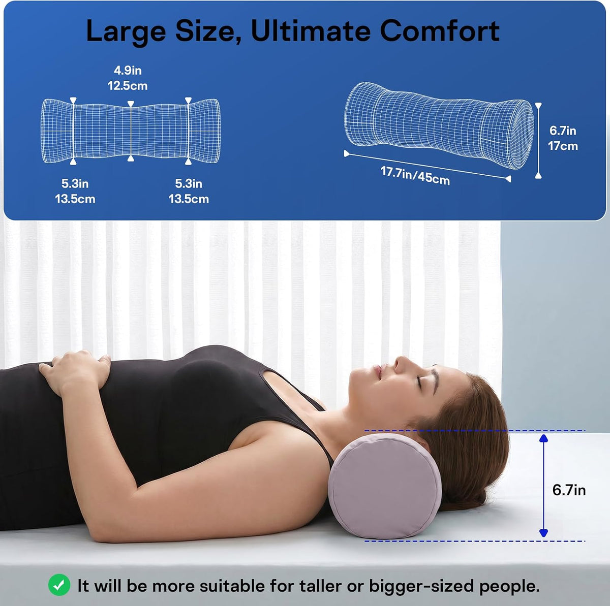 Neck Roll Pillow - Cooling Cover Round Neck Pillow for Sleeping - Memory Foam Cervical Support Pillow - Ergonomic Cylinder Pillows for Neck, Leg, Back, Yoga, Relaxing (Blue Grey)