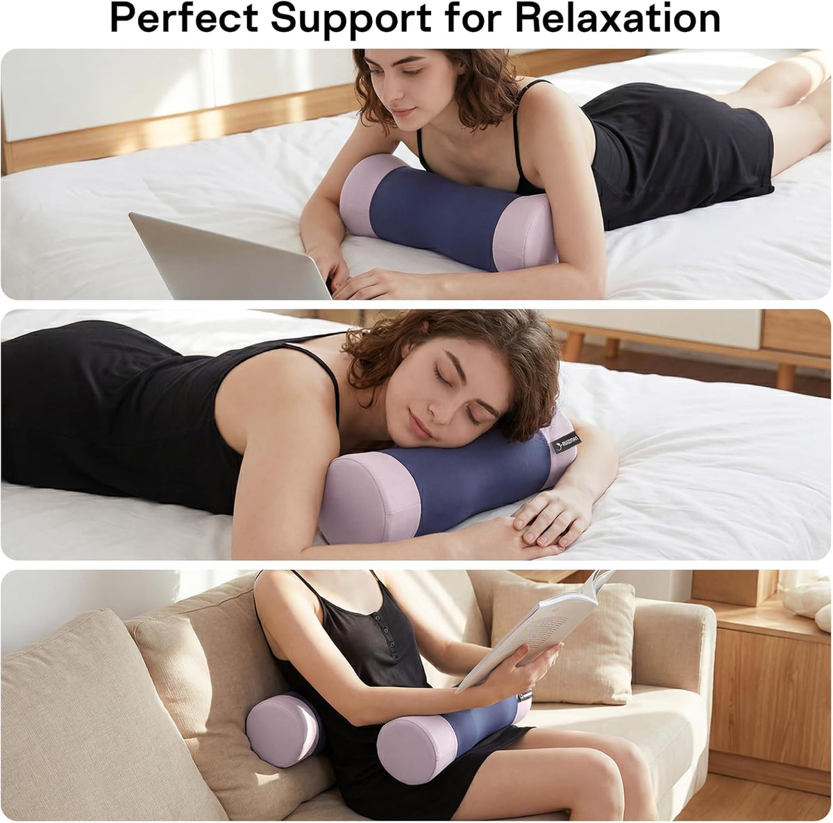 Neck Roll Pillow - Cooling Cover Round Neck Pillow for Sleeping - Memory Foam Cervical Support Pillow - Ergonomic Cylinder Pillows for Neck, Leg, Back, Yoga, Relaxing (Blue Grey)