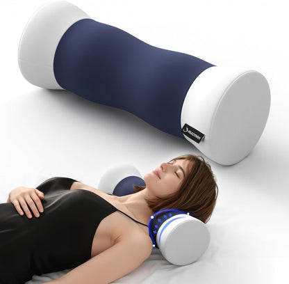 Neck Roll Pillow - Cooling Cover Round Neck Pillow for Sleeping - Memory Foam Cervical Support Pillow - Ergonomic Cylinder Pillows for Neck, Leg, Back, Yoga, Relaxing (Blue Grey)