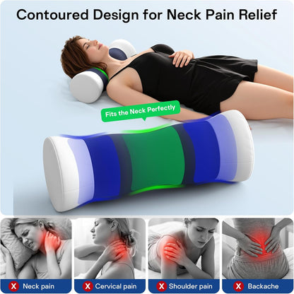 Neck Roll Pillow - Cooling Cover Round Neck Pillow for Sleeping - Memory Foam Cervical Support Pillow - Ergonomic Cylinder Pillows for Neck, Leg, Back, Yoga, Relaxing (Blue Grey)