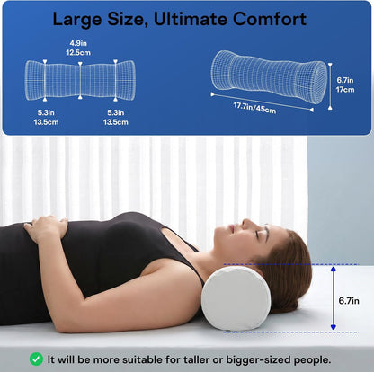 Neck Roll Pillow - Cooling Cover Round Neck Pillow for Sleeping - Memory Foam Cervical Support Pillow - Ergonomic Cylinder Pillows for Neck, Leg, Back, Yoga, Relaxing (Blue Grey)