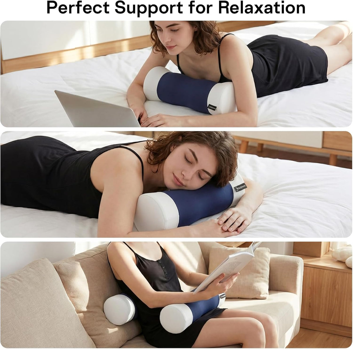 Neck Roll Pillow - Cooling Cover Round Neck Pillow for Sleeping - Memory Foam Cervical Support Pillow - Ergonomic Cylinder Pillows for Neck, Leg, Back, Yoga, Relaxing (Blue Grey)