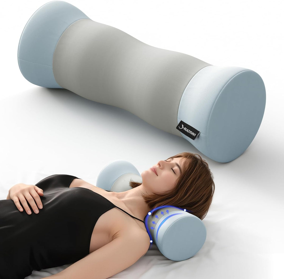 Neck Roll Pillow - Cooling Cover Round Neck Pillow for Sleeping - Memory Foam Cervical Support Pillow - Ergonomic Cylinder Pillows for Neck, Leg, Back, Yoga, Relaxing (Blue Grey)