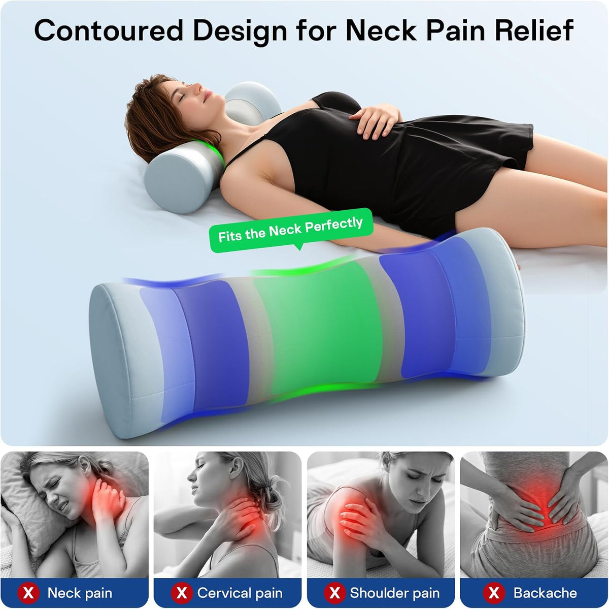 Neck Roll Pillow - Cooling Cover Round Neck Pillow for Sleeping - Memory Foam Cervical Support Pillow - Ergonomic Cylinder Pillows for Neck, Leg, Back, Yoga, Relaxing (Blue Grey)