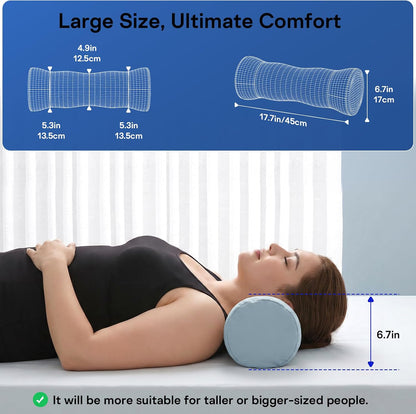 Neck Roll Pillow - Cooling Cover Round Neck Pillow for Sleeping - Memory Foam Cervical Support Pillow - Ergonomic Cylinder Pillows for Neck, Leg, Back, Yoga, Relaxing (Blue Grey)