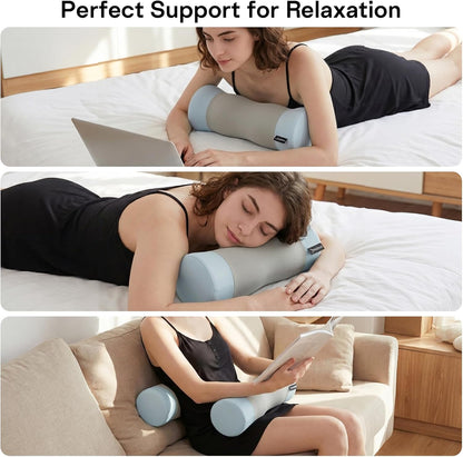 Neck Roll Pillow - Cooling Cover Round Neck Pillow for Sleeping - Memory Foam Cervical Support Pillow - Ergonomic Cylinder Pillows for Neck, Leg, Back, Yoga, Relaxing (Blue Grey)