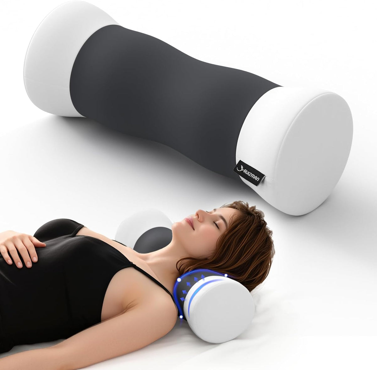 Neck Roll Pillow - Cooling Cover Round Neck Pillow for Sleeping - Memory Foam Cervical Support Pillow - Ergonomic Cylinder Pillows for Neck, Leg, Back, Yoga, Relaxing (Blue Grey)