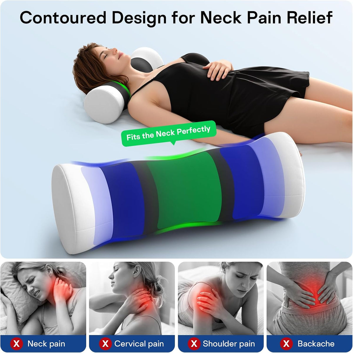 Neck Roll Pillow - Cooling Cover Round Neck Pillow for Sleeping - Memory Foam Cervical Support Pillow - Ergonomic Cylinder Pillows for Neck, Leg, Back, Yoga, Relaxing (Blue Grey)
