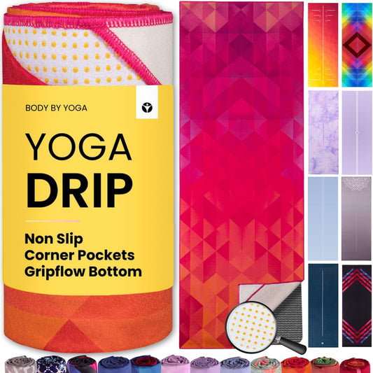 Yoga Drip: Hot Yoga Towel – Non Slip Yoga Mat Towel with Corner Pockets, Silicone Grip Dots & Subtle Alignment Lines | Sweat Absorbent, Moisture Wicking, Quick Dry | No Bunching or Sliding | 72” x 26”