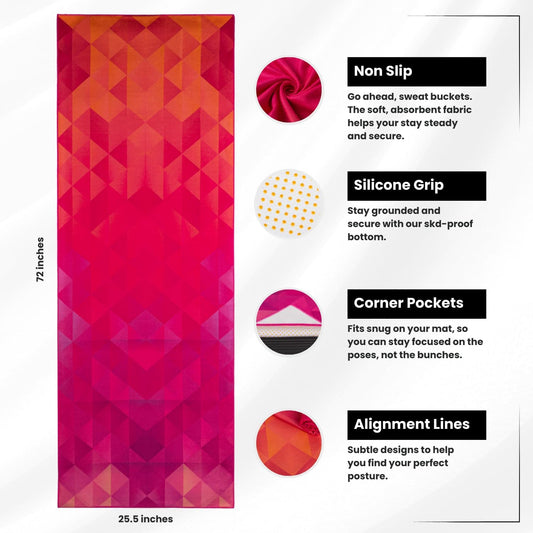 Yoga Drip: Hot Yoga Towel – Non Slip Yoga Mat Towel with Corner Pockets, Silicone Grip Dots & Subtle Alignment Lines | Sweat Absorbent, Moisture Wicking, Quick Dry | No Bunching or Sliding | 72” x 26”