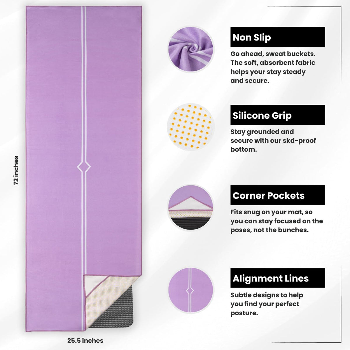 Yoga Drip: Hot Yoga Towel – Non Slip Yoga Mat Towel with Corner Pockets, Silicone Grip Dots & Subtle Alignment Lines | Sweat Absorbent, Moisture Wicking, Quick Dry | No Bunching or Sliding | 72” x 26”