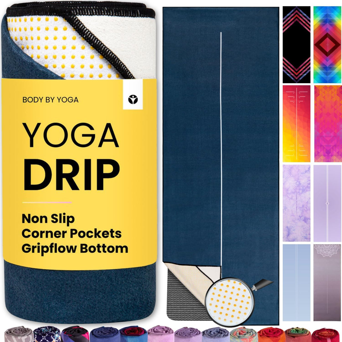 Yoga Drip: Hot Yoga Towel – Non Slip Yoga Mat Towel with Corner Pockets, Silicone Grip Dots & Subtle Alignment Lines | Sweat Absorbent, Moisture Wicking, Quick Dry | No Bunching or Sliding | 72” x 26”