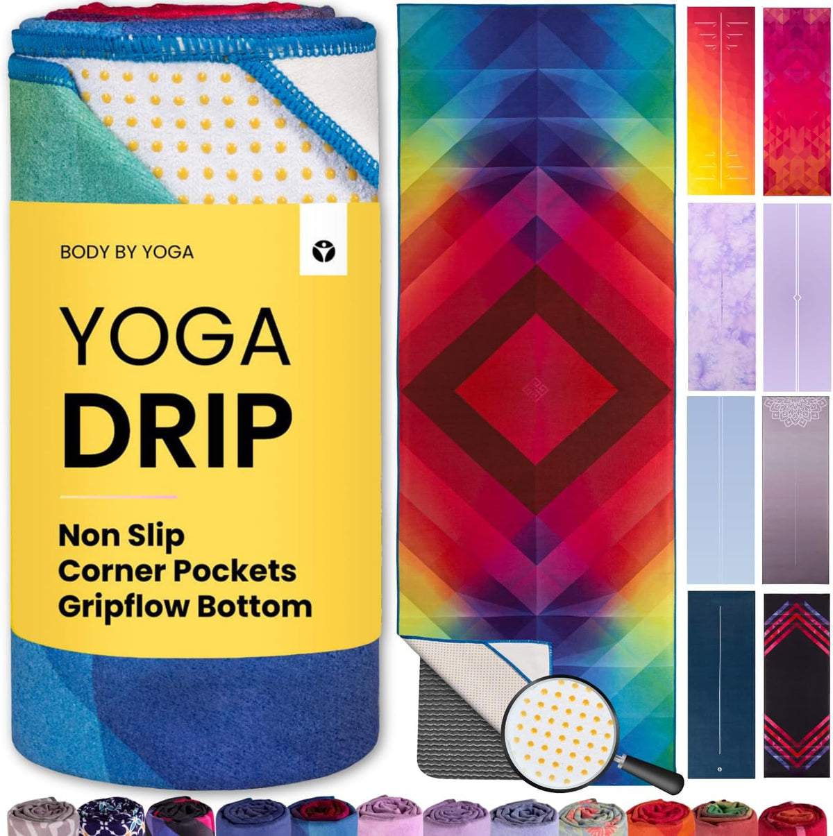Yoga Drip: Hot Yoga Towel – Non Slip Yoga Mat Towel with Corner Pockets, Silicone Grip Dots & Subtle Alignment Lines | Sweat Absorbent, Moisture Wicking, Quick Dry | No Bunching or Sliding | 72” x 26”