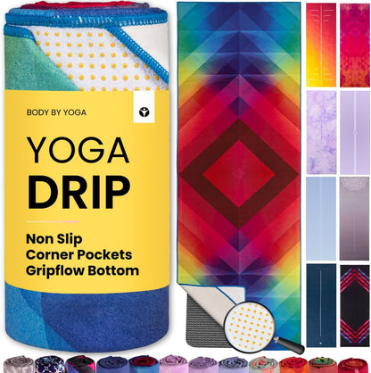 Yoga Drip: Hot Yoga Towel – Non Slip Yoga Mat Towel with Corner Pockets, Silicone Grip Dots & Subtle Alignment Lines | Sweat Absorbent, Moisture Wicking, Quick Dry | No Bunching or Sliding | 72” x 26”