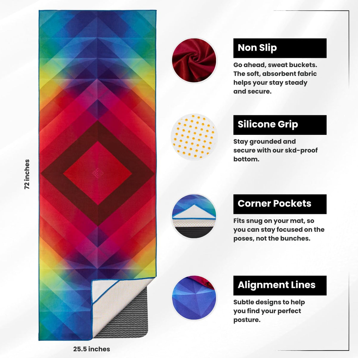 Yoga Drip: Hot Yoga Towel – Non Slip Yoga Mat Towel with Corner Pockets, Silicone Grip Dots & Subtle Alignment Lines | Sweat Absorbent, Moisture Wicking, Quick Dry | No Bunching or Sliding | 72” x 26”