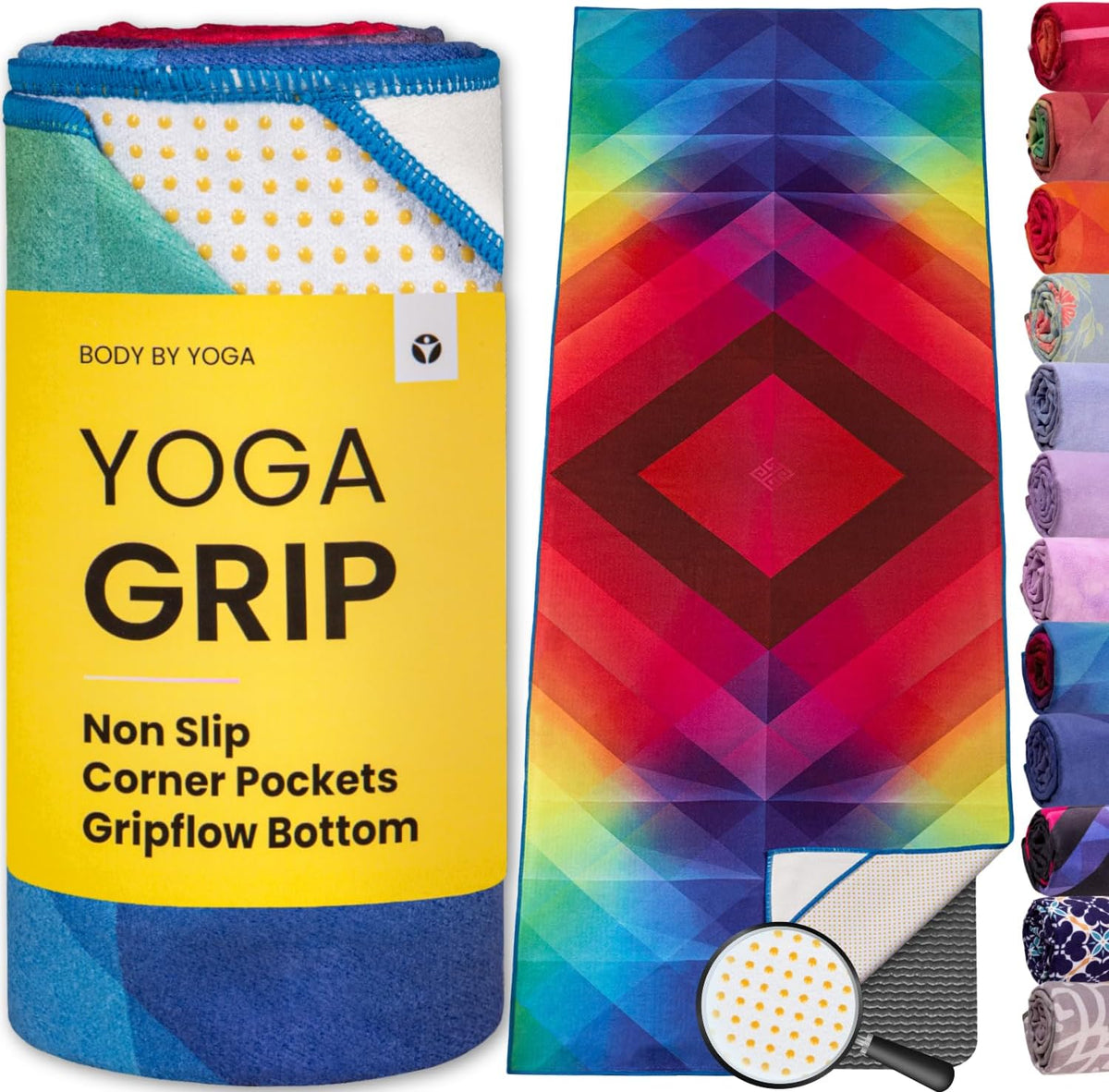 Yoga Drip: Hot Yoga Towel – Non Slip Yoga Mat Towel with Corner Pockets, Silicone Grip Dots & Subtle Alignment Lines | Sweat Absorbent, Moisture Wicking, Quick Dry | No Bunching or Sliding | 72” x 26”
