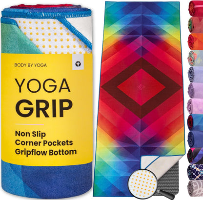 Yoga Drip: Hot Yoga Towel – Non Slip Yoga Mat Towel with Corner Pockets, Silicone Grip Dots & Subtle Alignment Lines | Sweat Absorbent, Moisture Wicking, Quick Dry | No Bunching or Sliding | 72” x 26”