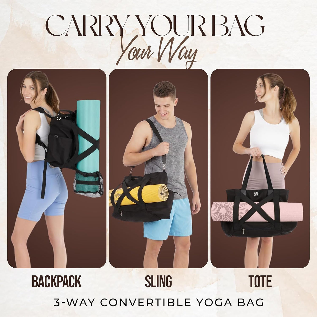 Yoga Mat Bag - Convertible Crossbody Yoga Bag, Travel Tote Back Pack