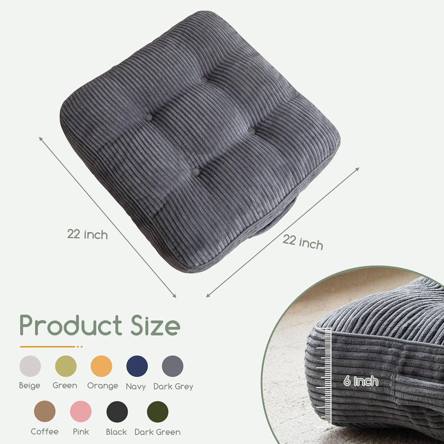 HIGOGOGO Floor Pillow Cushion for Adults, Meditation Cushion Pillow, Large Square Floor Sitting, Tufted Corduroy Cover, for Tatami Living Room or Yoga, 22x22 Inch, Dark Grey