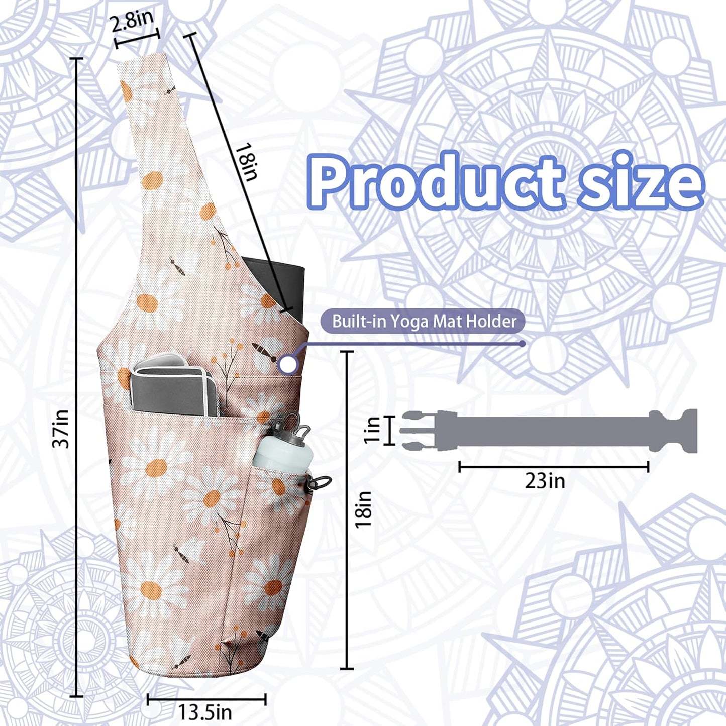 Yoga Bag for Women, Large Yoga Mat Bag Tote Carrier with Wet Dry Pocket, Water Bottle Holder & Adjustable Strap, Fits 1/2" Thick Yoga Mat for Gym, Pilates, Travel, Work