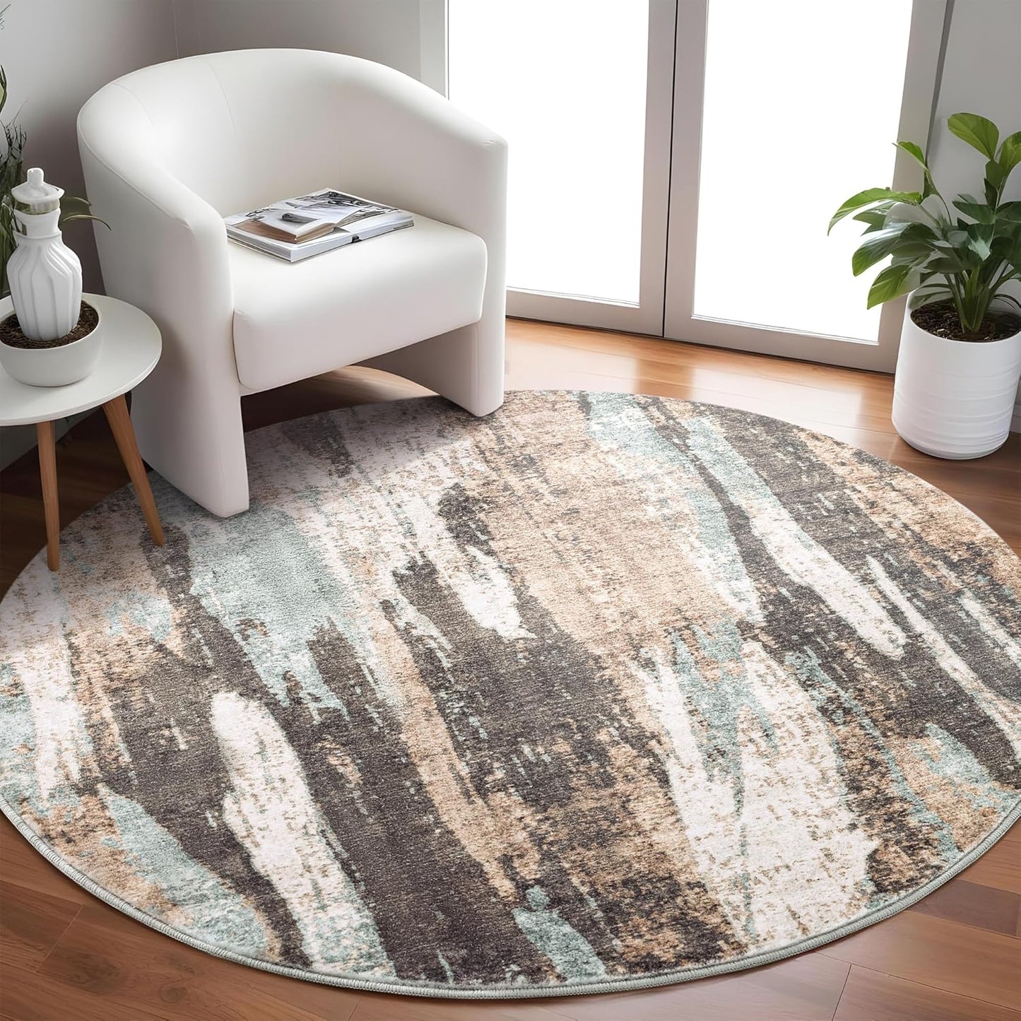 Carvapet 4ft Washable Round Rugs, Modern Abstract Circle Rug, Non Slip Rubber Backing Foldable Low Pile Carpet for Living Room Bedroom, 4ft Red/Orange Rug