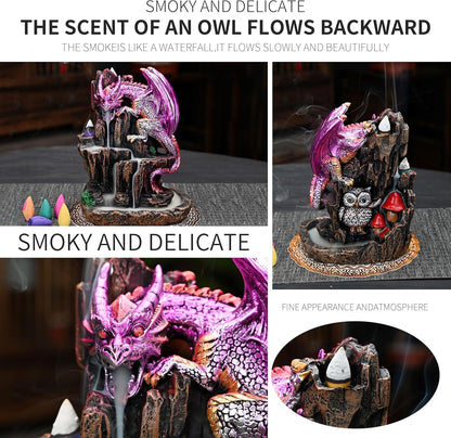 Dragon Backflow 2 Sided Mountain Waterfall Incense Burner,Fountain Smoke Incense Holder with Backflow Incense Cones, Tweezers, Mat，Resin Aromatherapy Meditation (Green)