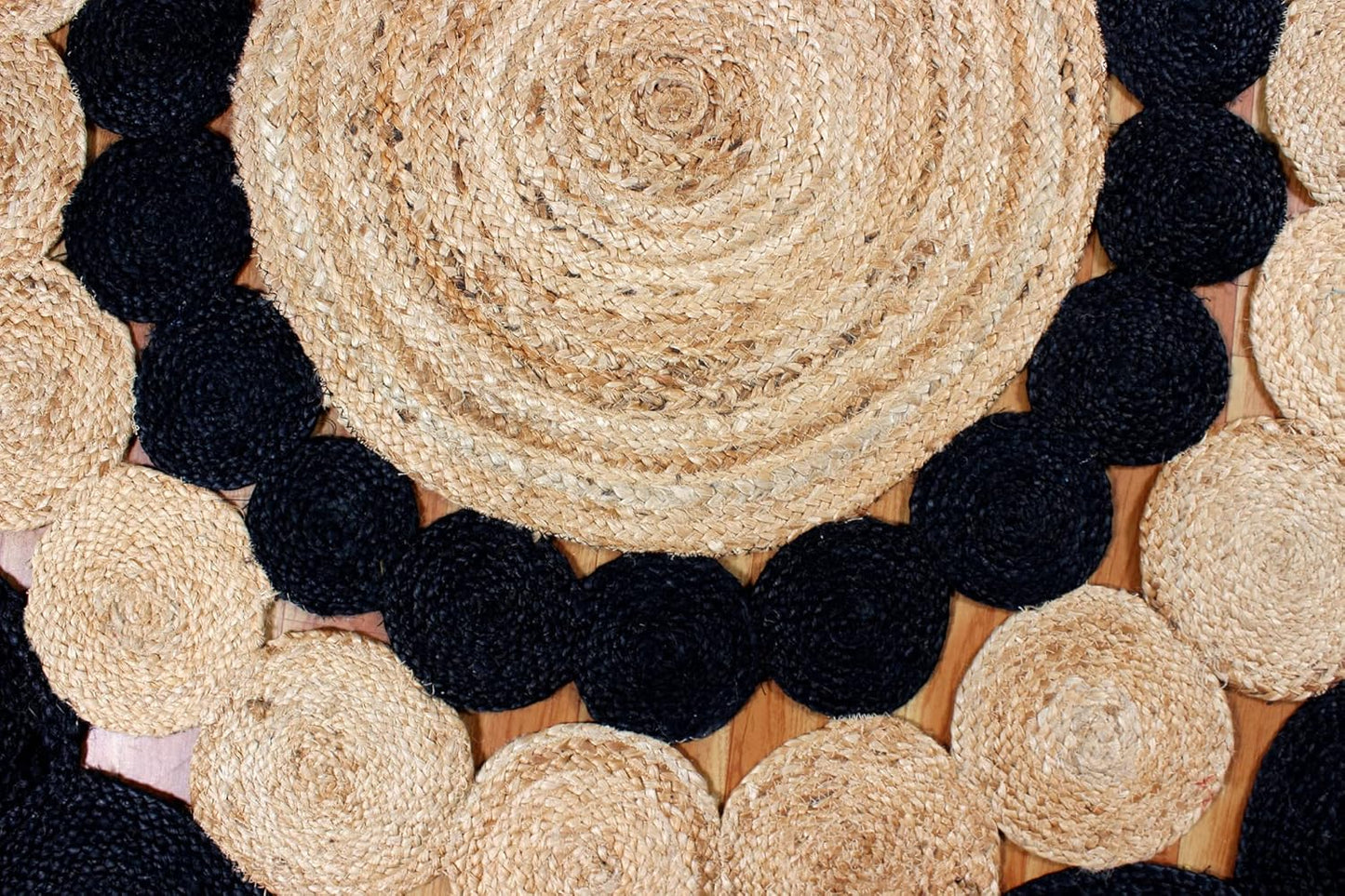 Collection Circle Area Rug - 3 x 3 Ft' Beige and Black Geometric Pettern Jute Mat Ideal for High Traffic Area in Hallway Bedroom Living Room Dining Room Kitchen Terrace Yoga Mat