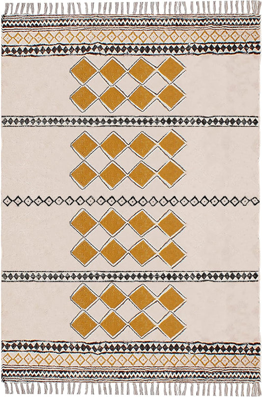 Enterway Runner 2.6x4 Kitchen Runner Thick 0.19" Floral Design Musterd Yellow Hand Block Printed Cotton Easy Washable Handmade Boho Floor Carpet Flatweave Indoor Outdoor Use Bedside Yoga - Colors B