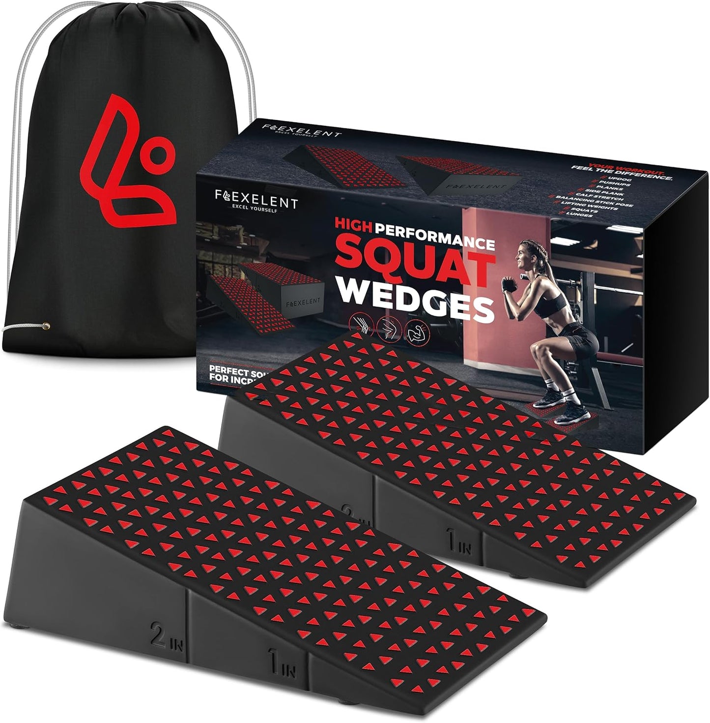 Flexelent Squat Wedge Block Pair - Heel Elevated Squat Wedge for Deeper Squats, Heavy Lifting and Better Form - 17° Angle Exercise Wedges, Slant Board for Squats with Carry Backpack